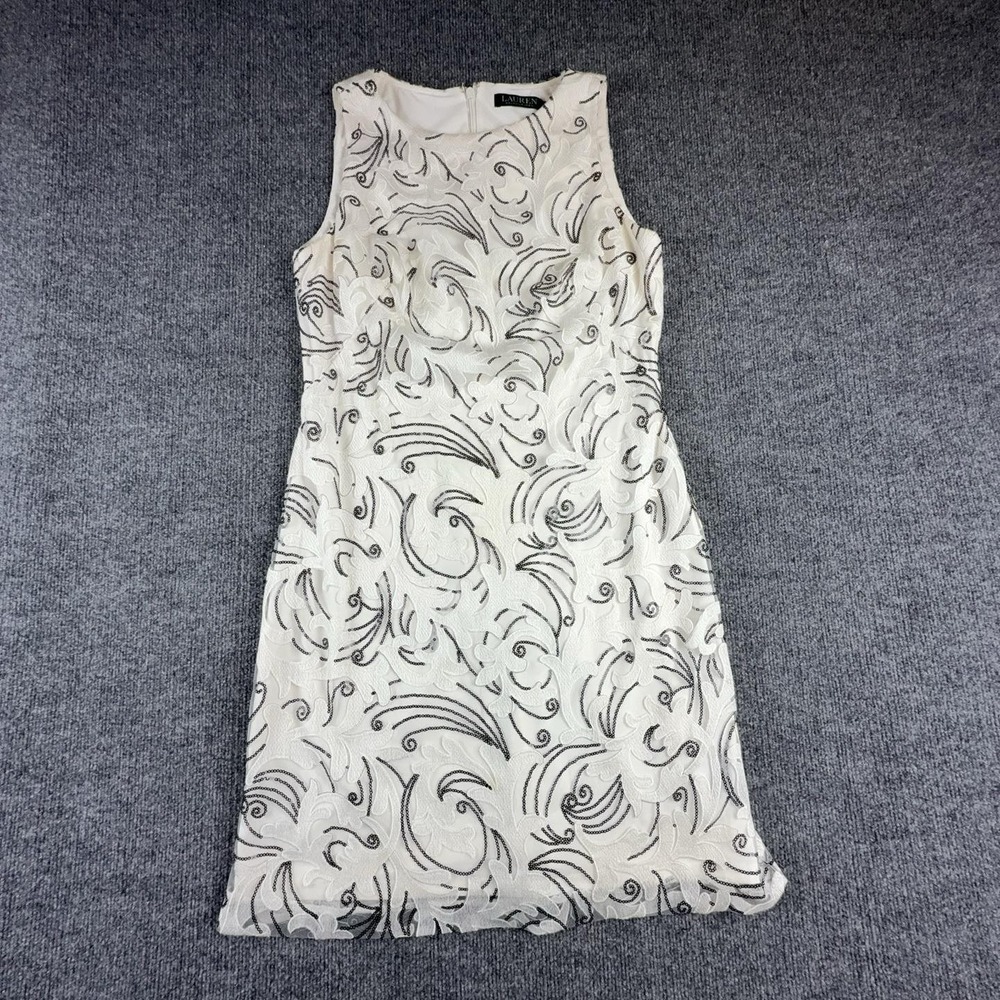 Lauren Ralph Lauren Dress Womens 10 White Sequin Mesh Floral Sheath Cocktail